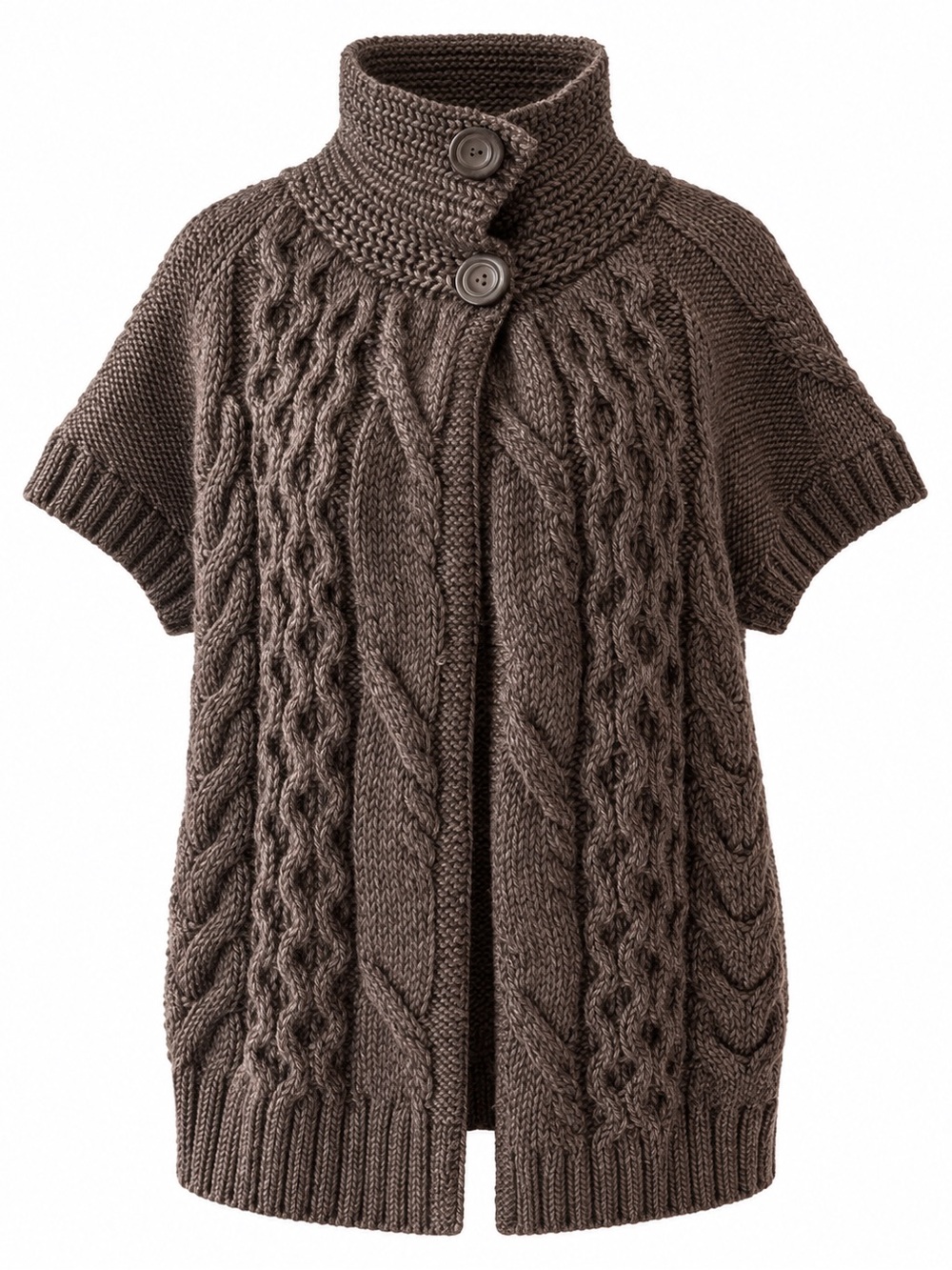Esprit Brown Cable-Knit Short-Sleeve Cardigan with High Collar